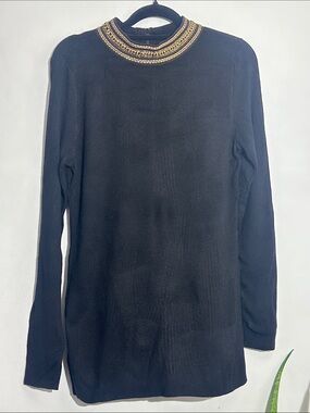 INC International Concepts Black Turtleneck Sweater with Gold Beaded Collar